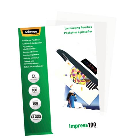 Pouches per plastificatrici Fellowes Standard Impress100 finitura lucida - 2x100 µm - A3 - Conf. 100 pezzi 5351205